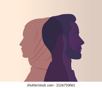 Muslim man and woman profile silhouette. Common features and differences between men and women. A couple of lovers. A young couple. They look in different directions. Family relationships.