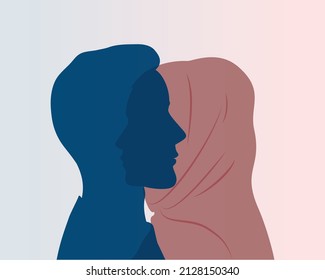 Muslim man and woman profile silhouette. Common features and differences between men and women. A couple of lovers. A young couple. They look in different directions. Family relationships.
