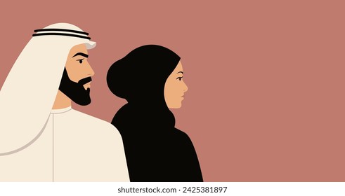 Muslim man and woman profiles. Head and chest view. Looking same direction. Headdress and traditional culture clothing. Horizontal composition. Middle East people portraits.