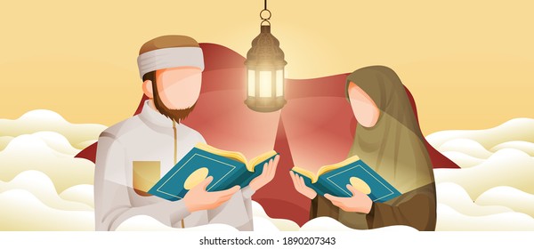 Muslim Man and Woman Reading Koran or Qur'an in Ramadan Kareem Holy Month with Crescent Moon and Stars Illustration