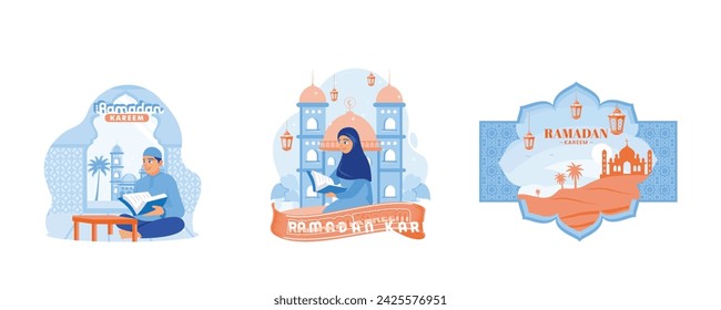 Muslim man and woman reading the Quran in the mosque. Mosque with a stretch of sand and date palm trees. Ramadan Kareem  concept. Set flat vector illustration. 