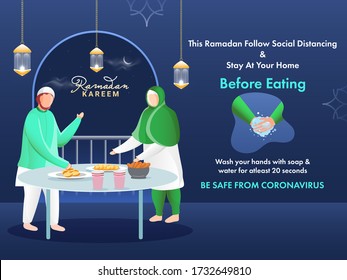 Muslim Man and Woman Serving Delicious Food on Ramadan Follow Social Distancing & Stay At Your Home, Before Eating Wash Your Hands, Be Safe From Coronavirus.