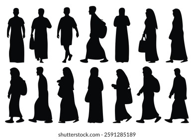 Muslim man woman silhouettes set isolated flat vector illustration on white background.