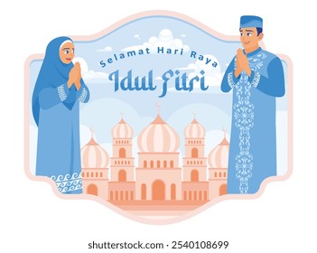 Homem e mulher muçulmanos contra o fundo de uma mesquita. Diga as saudações do Eid al-Fitr. Conceito de Ramadã Kareem. Ilustração de vetor plano.