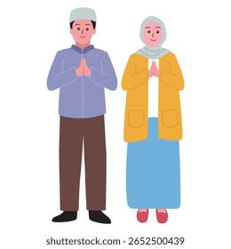 A muslim man and a woman, standing together in a respectful greetings gesture ready to celebrate Eid al-Fitr. A heartwarming graphic conveys a sense of respect, greeting, apology. Vector illustration
