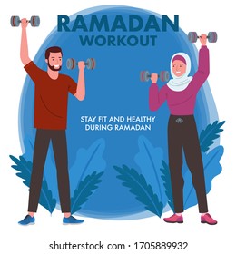 A Muslim Man And Woman Wearing A Hijab Doing Light Exercise Or Workout During Ramadan Fast. Their Hands Raised Barbells.