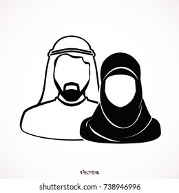 Muslim man and woman.Traditional arab couple. flat style. black icon on isolated on white background