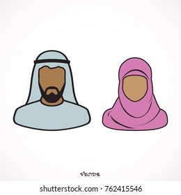 Muslim man and woman.Traditional arab couple. flat style. black icon on isolated on white background