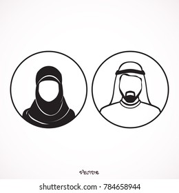 Muslim man and woman.Traditional arab couple. flat style. black icon on isolated on white background