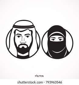 Hombre y mujer musulmanes. estilo plano. icono negro aislado en fondo blanco