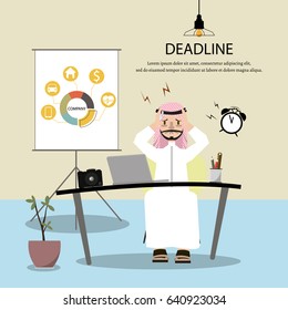 Muslim man works hard and has headache because he did not complete his work. Feeling sick and tired.Vector/Illustration