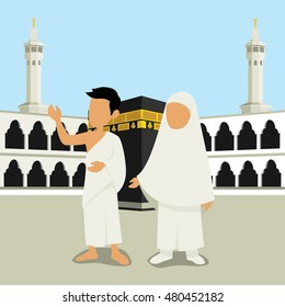 Muslim Man and Wowan Character Wearing Ihram Clothes Performing Hajj or Umrah Pilgrimage with Kaaba in Makkah Background