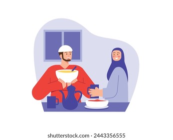 Muslim married couple eating together at home with enjoyment. Character design. Vector flat illustration