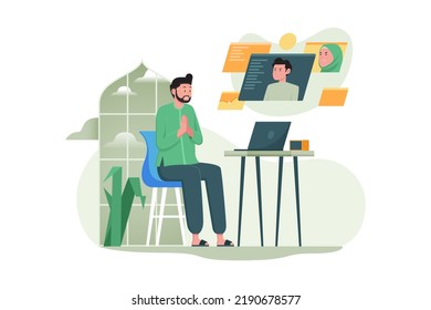Hombres musulmanes celebran Eid en videollamada en línea en una ilustración vectorial de estilo plano