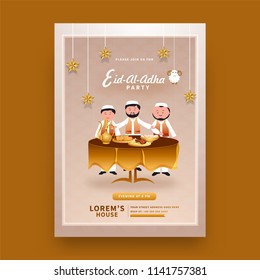 Muslim men enjoying delicious food, Eid-Al-Adha template or flyer design decorated with hanging stars, sheep on abstract background with time and venue details.