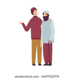 Muslim Men Greeting and Hugging Each Other as They Celebrating Eid Al Adha Islamic Holiday Vector Illustration