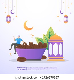 Muslim men are happy and enjoy the iftar meal of Ramadan. Illustration concept of ramadan kareem