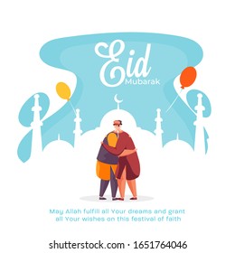 Muslim Men Hugging Each Other in Front of Mosque with Balloons on the Occasion of Eid Mubarak.