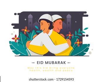 Muslim Men Hugging To Each Other with Floral Nature on Mosque Abstract Background for Eid Mubarak Celebration.