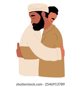 Hombres musulmanes abrazándose. Celebración de Eid al Fitr Mubarak. Fiesta tradicional musulmana.