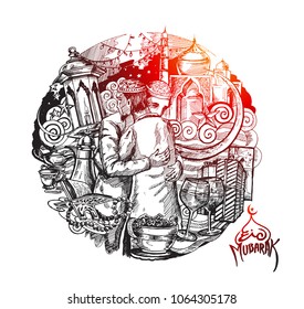 Muslim men hugging and wishing to each other on occasion of Eid ( Eid al-Fitr ) celebration, Hand Drawn Sketch Vector illustration.