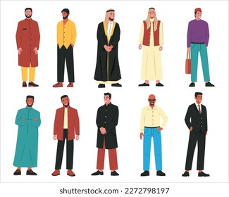 Muslim men. Modern arabic male characters wearing traditional arab clothes and stylish casual outfits, portraits of islamic people. Vector cartoon set of muslim modern illustration