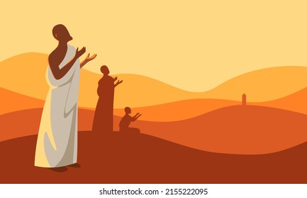 Muslime treten in Hajj auf. beten in den Bergen von Jabal Rahmah in Arafat. gesichtsloser Flachstil. Vektorgrafik.