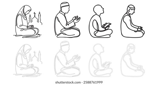 Muslim Men in Prayer Poses, One Line Art  set Islamic Spiritual Illustration.