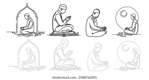 Muslim Men in Prayer Poses, One Line Art  set Islamic Spiritual Illustration.