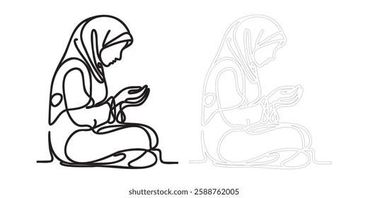 Muslim Men in Prayer Poses, One Line Art  set Islamic Spiritual Illustration.