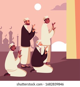 hombres musulmanes rezando en la mezquita, diseño vectorial ramadan kareem