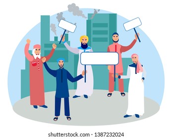 Muslim men protesters with posters. In minimalist style Cartoon flat Vector Illustration