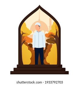 Muslim men standing against a backdrop of trees and a mosque in front of the door. ramadan vector illustration