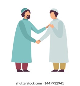Muslim Men in Traditional Clothing Greeting Each Other and Shaking Hands as They Celebrating Eid Al Adha Islamic Holiday Vector Illustration