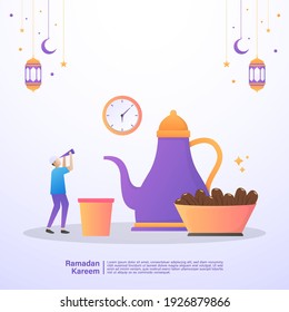 Muslim men are waiting for the time to iftar of Ramadan. Illustration concept of ramadan kareem