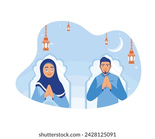 Muslim men and women with both hands in front of their chests. Wishing each other a happy Eid al-Fitr and forgiving each other. Happy Eid Mubarak concept.  flat vector modern illustration 