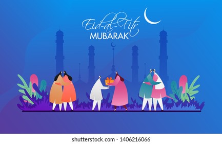 Muslim men and women hugging to each other on the occasion of Eid-Al-Fitr Mubarak. Can be used as banner or poster design.