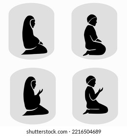 Muslim men and women praying sign symbol logo icon. Silhouette icon set includes 4 versions of islamic prayer in different poses. Vector illustration.