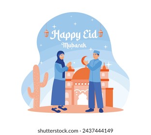 Muslim men and women say Eid al-Fitr greetings. Standing with mosque decorations, cacti and lanterns. Happy Eid Mubarak concept. Flat vector illustration.