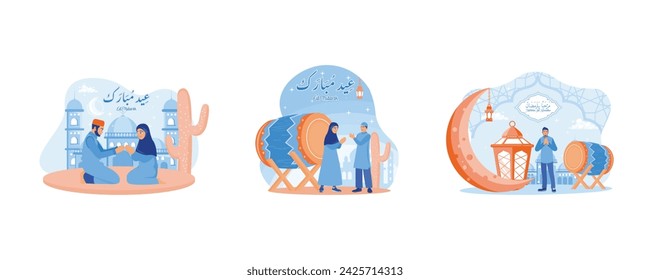 Muslim men and women sitting cross legged on the floor. Reach out to each other to apologize and wish you a happy Eid. Happy Ramadan. Happy Eid Mubarak concept. Set flat vector illustration.