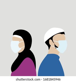 Muslim middle east woman and man in white respirator mask. Covid-19 Vector illustration. Fight, avoid coronavirus, infection, virus outbreak. Contagious Sneezing people. banner, poster, flyer, leaflet