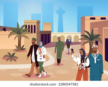 Muslim modern people walk. Islamic fashionably dressed couples on eastern street, ladies in hijabs, guys in skullcaps, men and women in fashionable oriental clothes, tidy vector cartoon concept