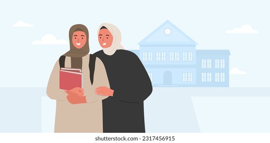 Muslim mom and daughter in front of the university. First year student. SSTKUniversity. Vector.