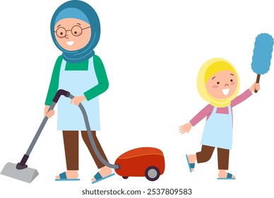 Muslim mom and daughter with hijab clean the house together