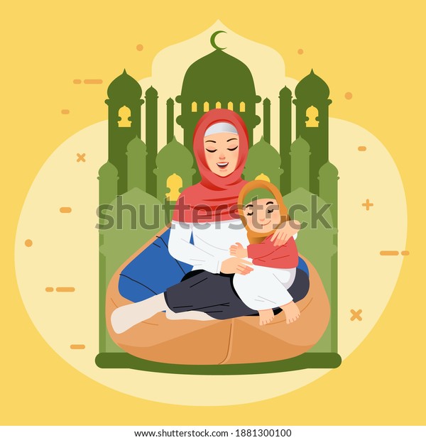 Muslim Mom and daugther wearing hijab and sit on\
the beanbag while hugging each other vector illustration. used for\
greeting card, poster and\
other