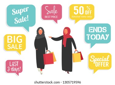 Muslim moman shopping during sale. Arabic women in hijab and abaya with shopping bags. Discount signs vector flat illustration
