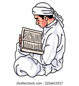 Muslim Moslem Man Reading Reciting Al Quran Koran Cartoon Drawing Vector Art