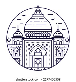 Muslim mosque building circle icon or emblem in line art style inspired by Taj Mahal India architectural landmark and famous symbol.