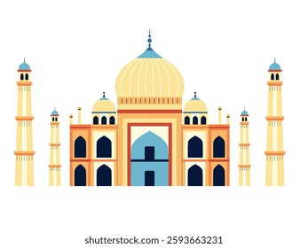 Muslim mosque building in flat design inspired by Taj Mahal India architectural landmark and famous symbol.