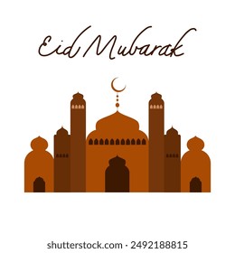 Muslim Mosque. Building silhouette, Islam city landscape, ramadan kareem, eid mubarak design element. Muslim traditional antique minarets panoramic. Vector flat style isolated illustration